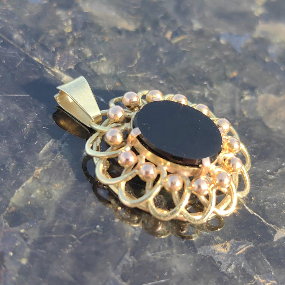 Vintage Black Onyx Yellow Gold Pendant - 1960s Statement Charm