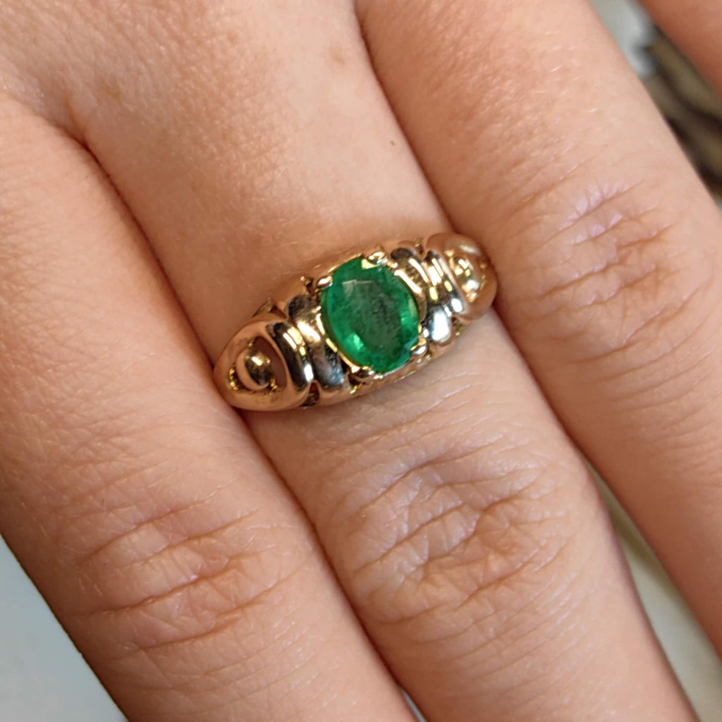 Art Nouveau 1900s Emerald Hallmarked 14k 585 Solid Yellow Rose Gold Antique Vintage Oval Natural Stone Band Solitaire Ring Gift Present