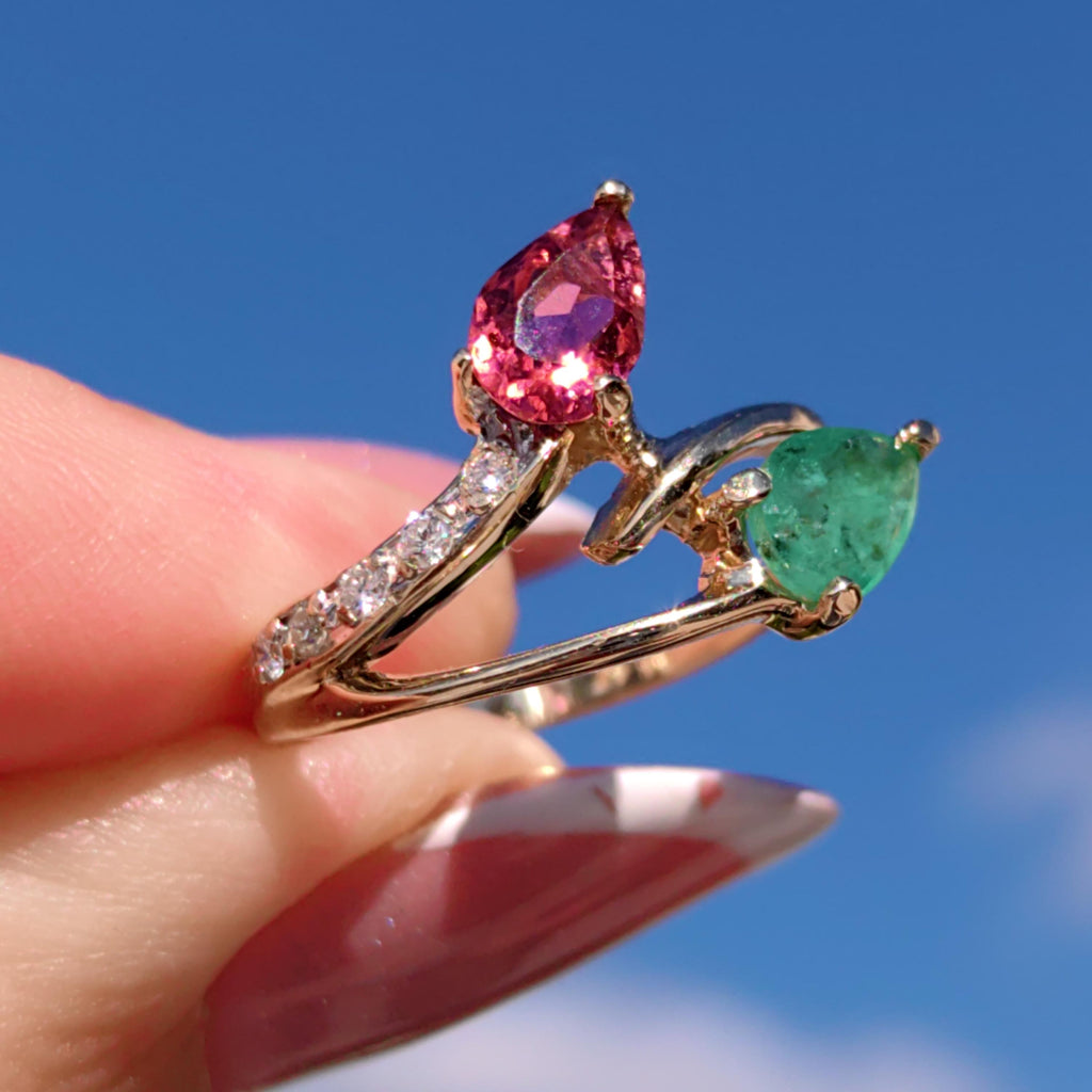Vintage 14k Yellow Gold Tutti-Frutti Ring: Emerald, Tourmaline & Diamond Bypass