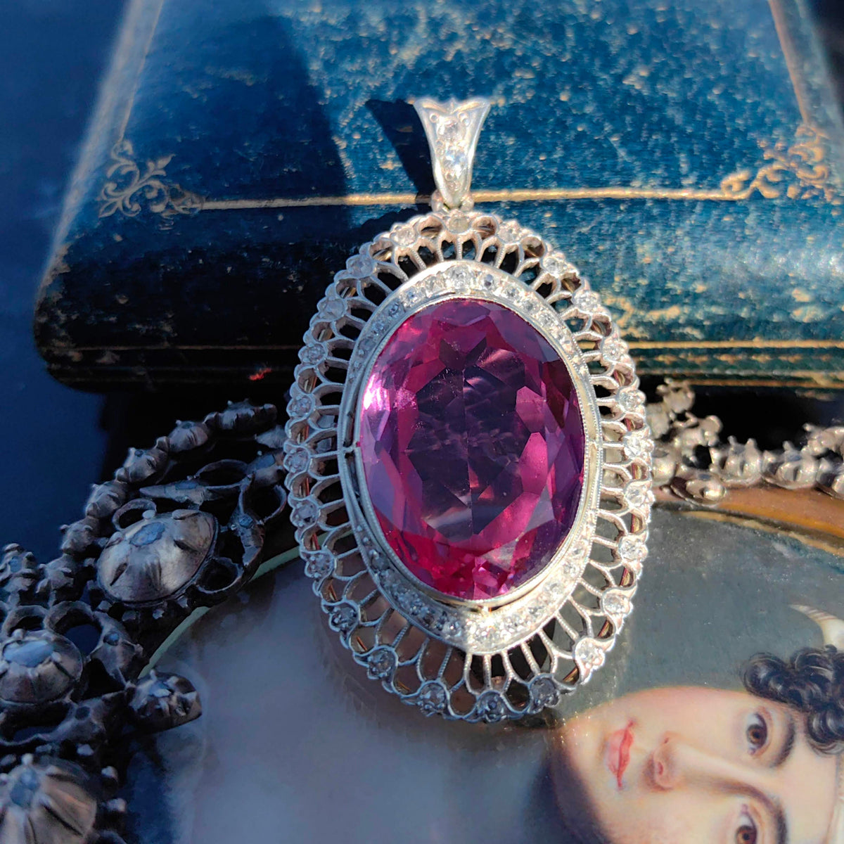 Art Deco Edwardian Antique Vintage Amethyst and Diamond Gold Statement Pendant