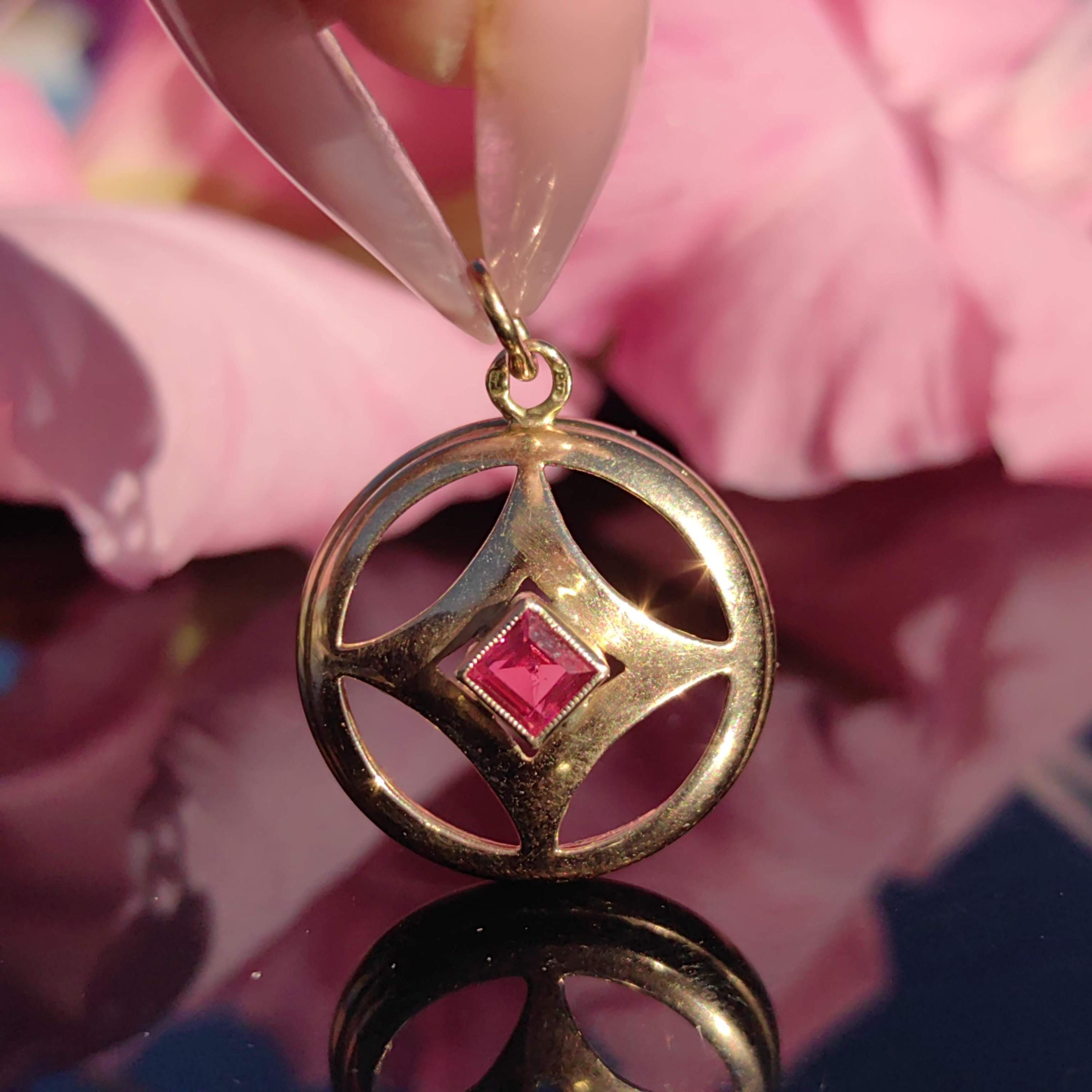 1900s Art Nouveau 14k Solid Yellow Rose Champagne Gold Pendant Lab Grown Ruby Liberty Style Elegant Medallion Gift for Her Present