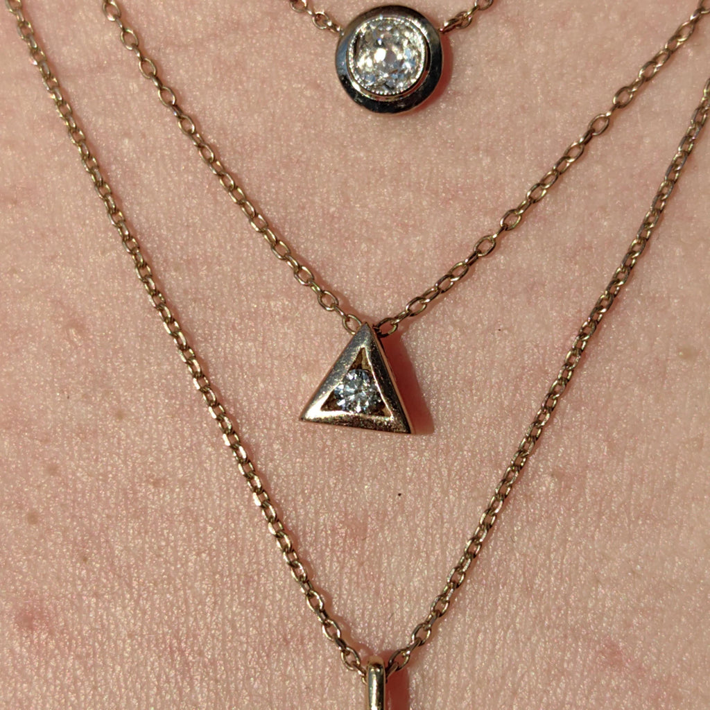 Solitaire Diamond Solid 14k Yellow Gold Vintage Geometric Triangle Pyramid Elegant Necklace Gift for Her