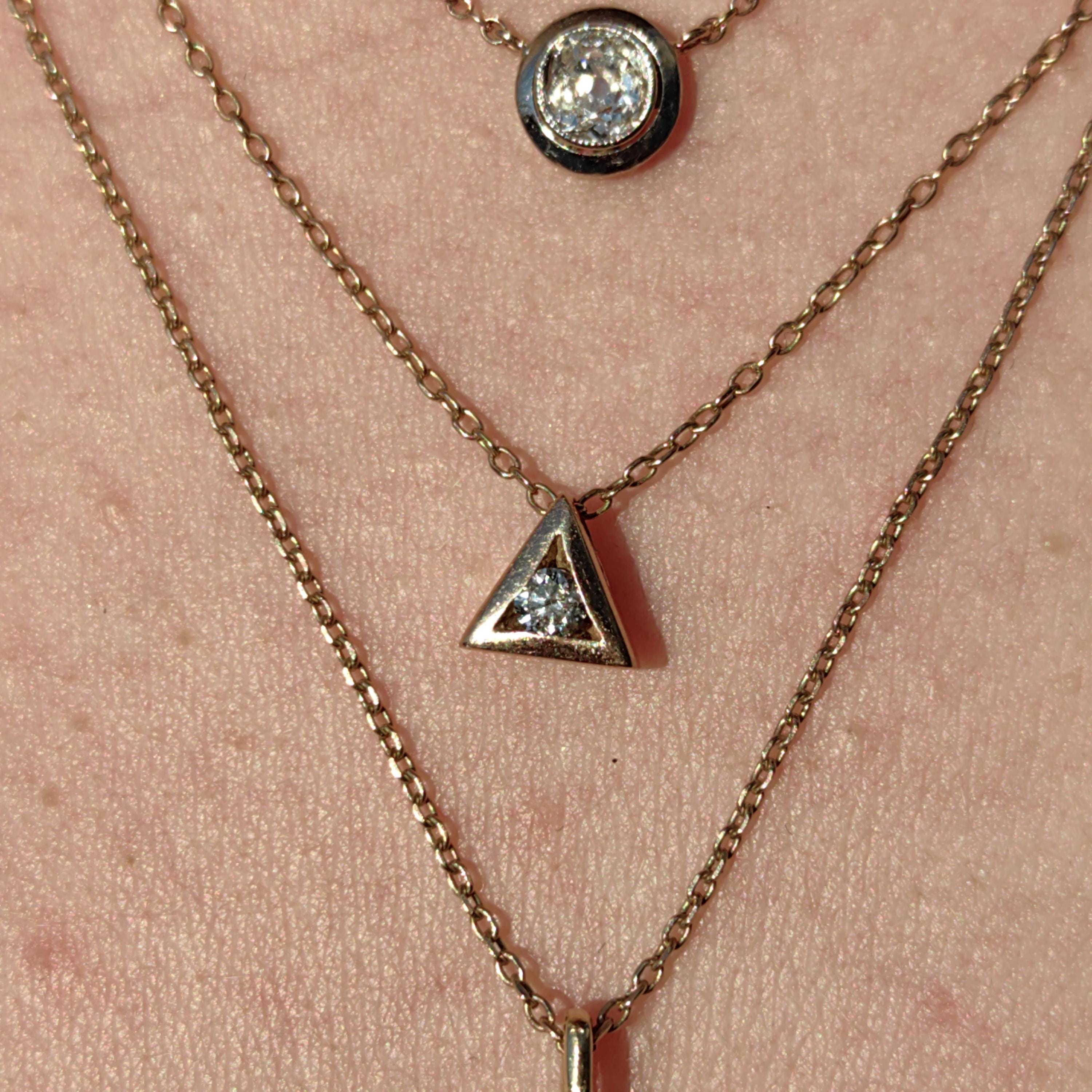 Solitaire Diamond Solid 14k Yellow Gold Vintage Geometric Triangle Pyramid Elegant Necklace Gift for Her