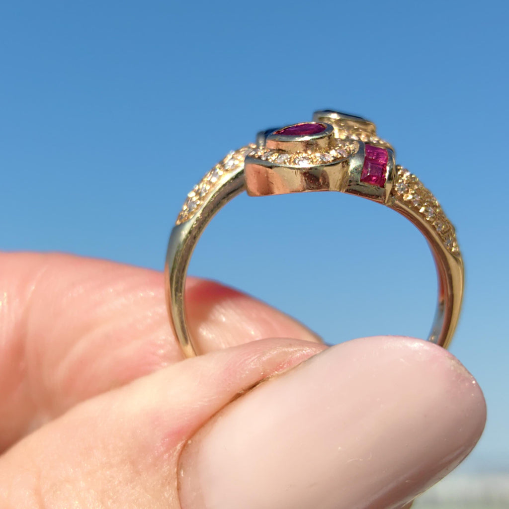 Vintage 18k Gold Snake Ring: Ruby, Sapphire & Diamond Accent