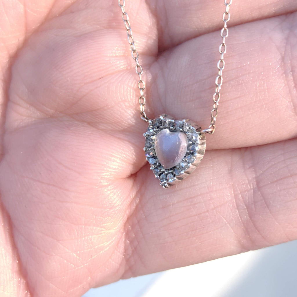 Victorian Diamond Moonstone Heart Pendant 14k Solid Yellow Gold with Chain Vintage Dainty wedding Elegant Love Jewelry Valentines Gift
