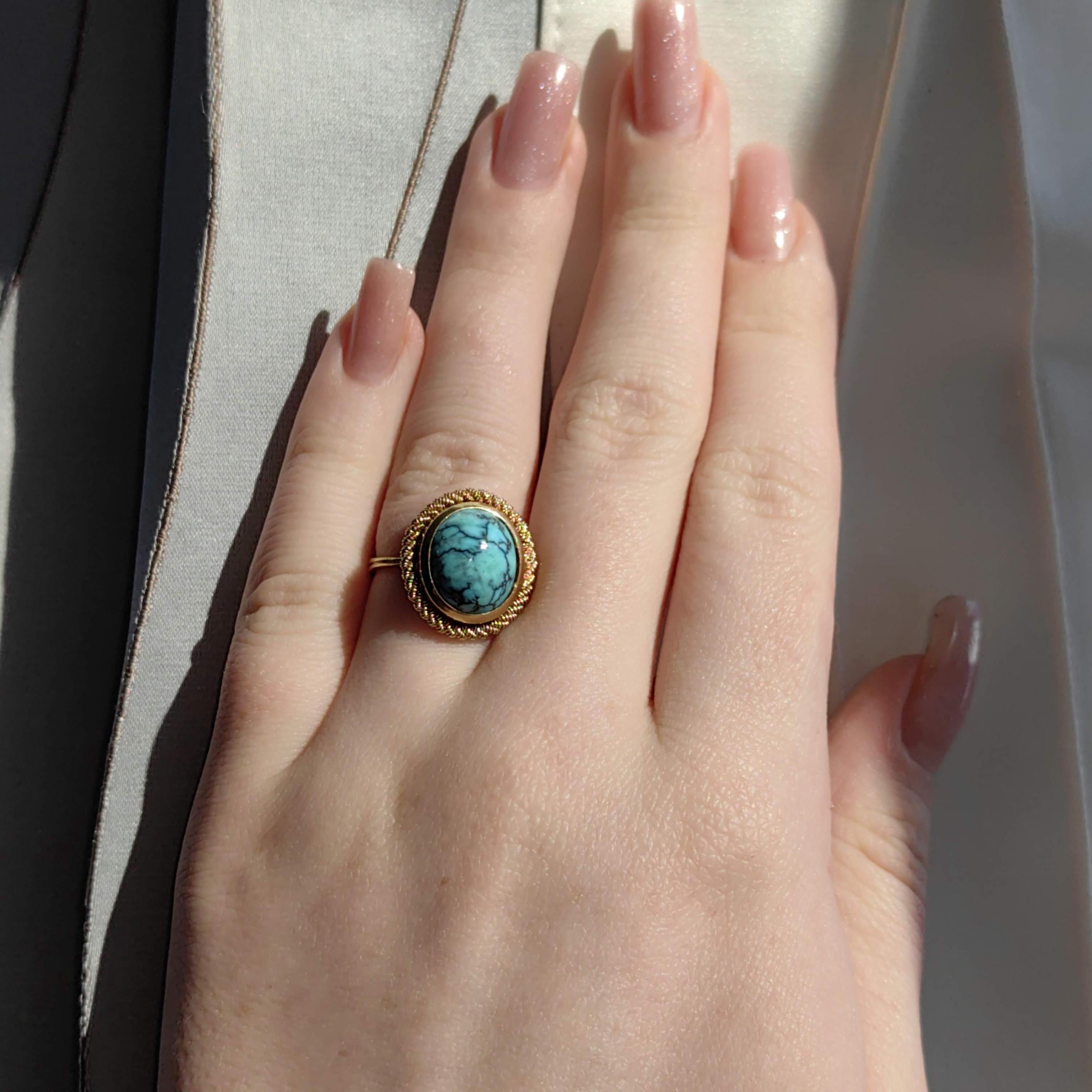 Art Deco 18k Gold Turquoise Ring: Mid Century Statement Jewelry