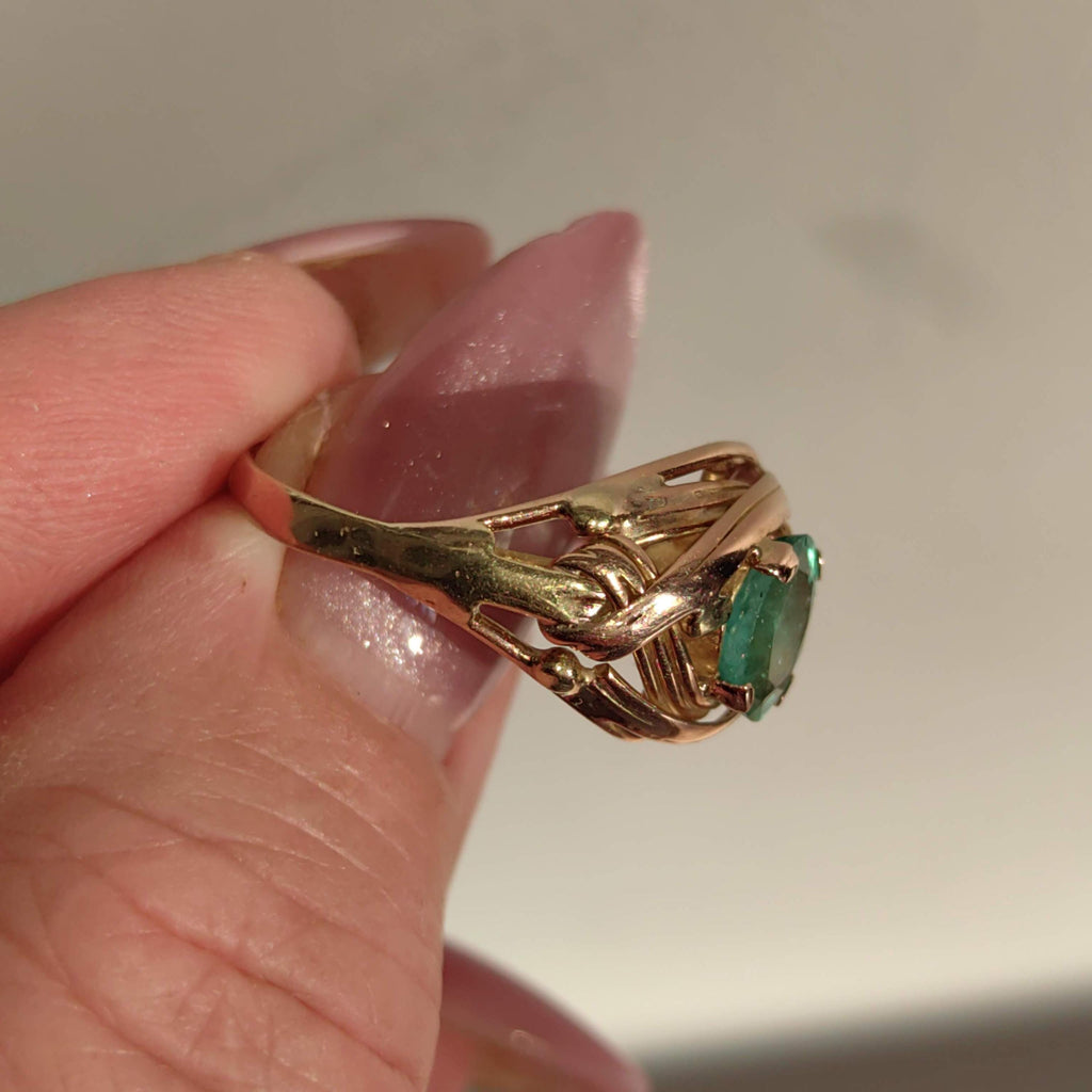 Art Nouveau 1900s Emerald Hallmarked 14k 585 Solid Yellow Rose Gold Antique Vintage Oval Natural Stone Band Solitaire Ring Gift Present