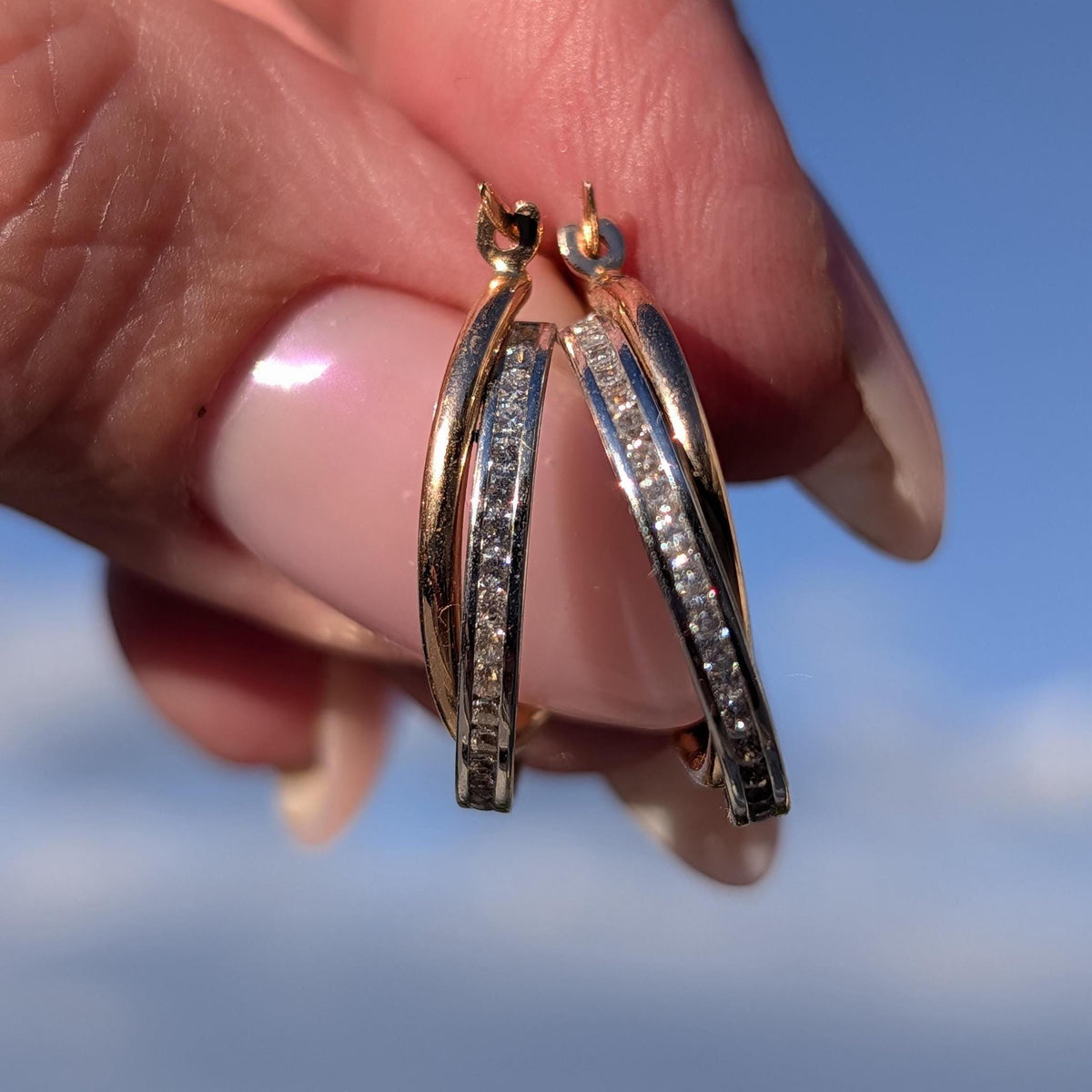 Vintage 14k Two Tone Gold Diamond Hoop Earrings, Hallmarked 585 Yellow White Gold Elegant Gift for Her Before 2007