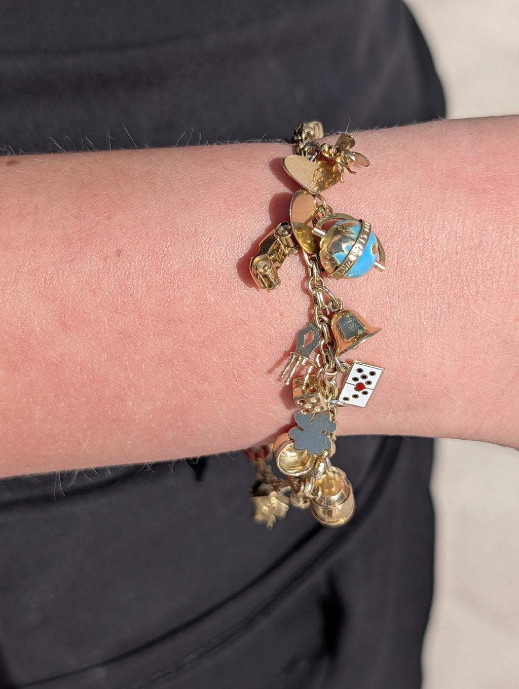 1920s Hallmarked 14k Gold Charm Bracelet, Whimsical Statement Antique Bracelet, 21 cm, 26.8g, Mixed Era Charms, Estate Gift