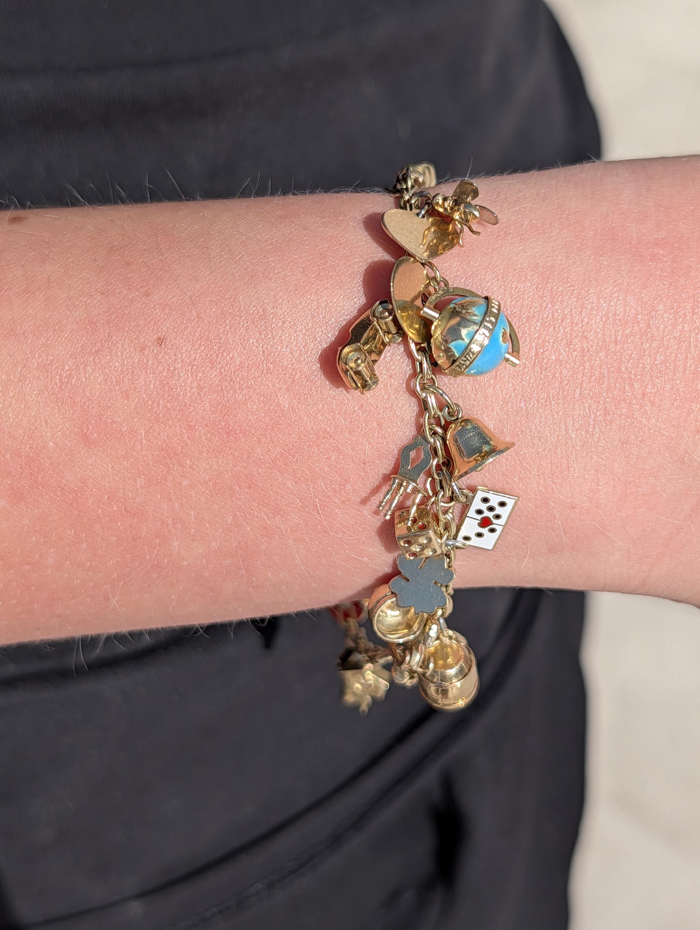 1920s Hallmarked 14k Gold Charm Bracelet, Whimsical Statement Antique Bracelet, 21 cm, 26.8g, Mixed Era Charms, Estate Gift