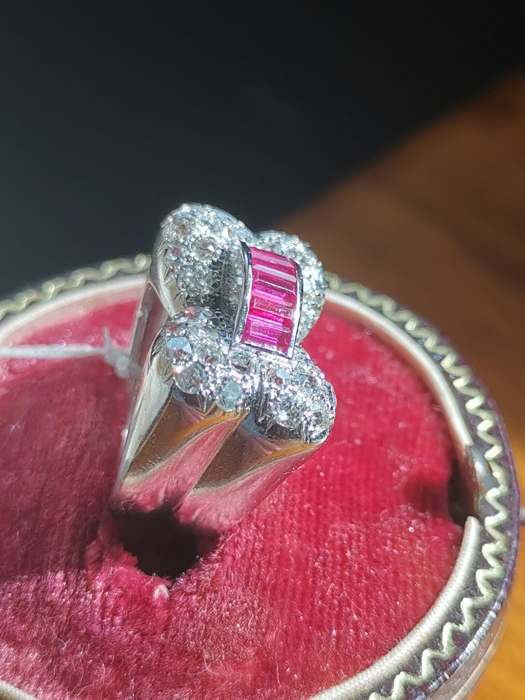 Art Deco Platinum Ruby Diamond Ring: 1930s Vintage Cocktail Ring
