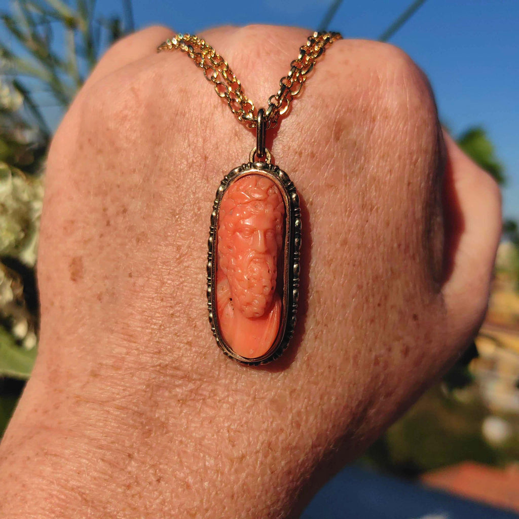 Victorian Coral Cameo Pendant: Hand Carved Gemma, 14k Gold