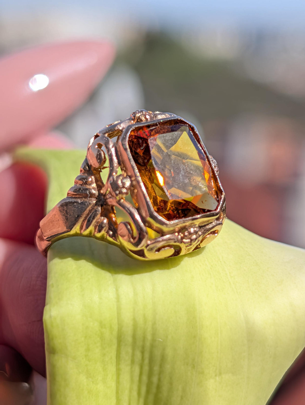 Mid Century Art Deco Style  Citrine Solid 14k Hallmarked Yellow Gold Statement Solitaire Emerald Cut Ring, Unisex Yellow Stone Ring Gift