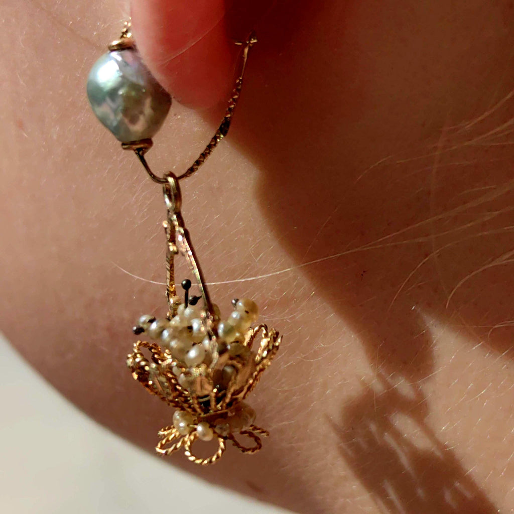 Antique 14k Gold Pearl Chandelier Earrings: 1800s Baroque Floral Dangle