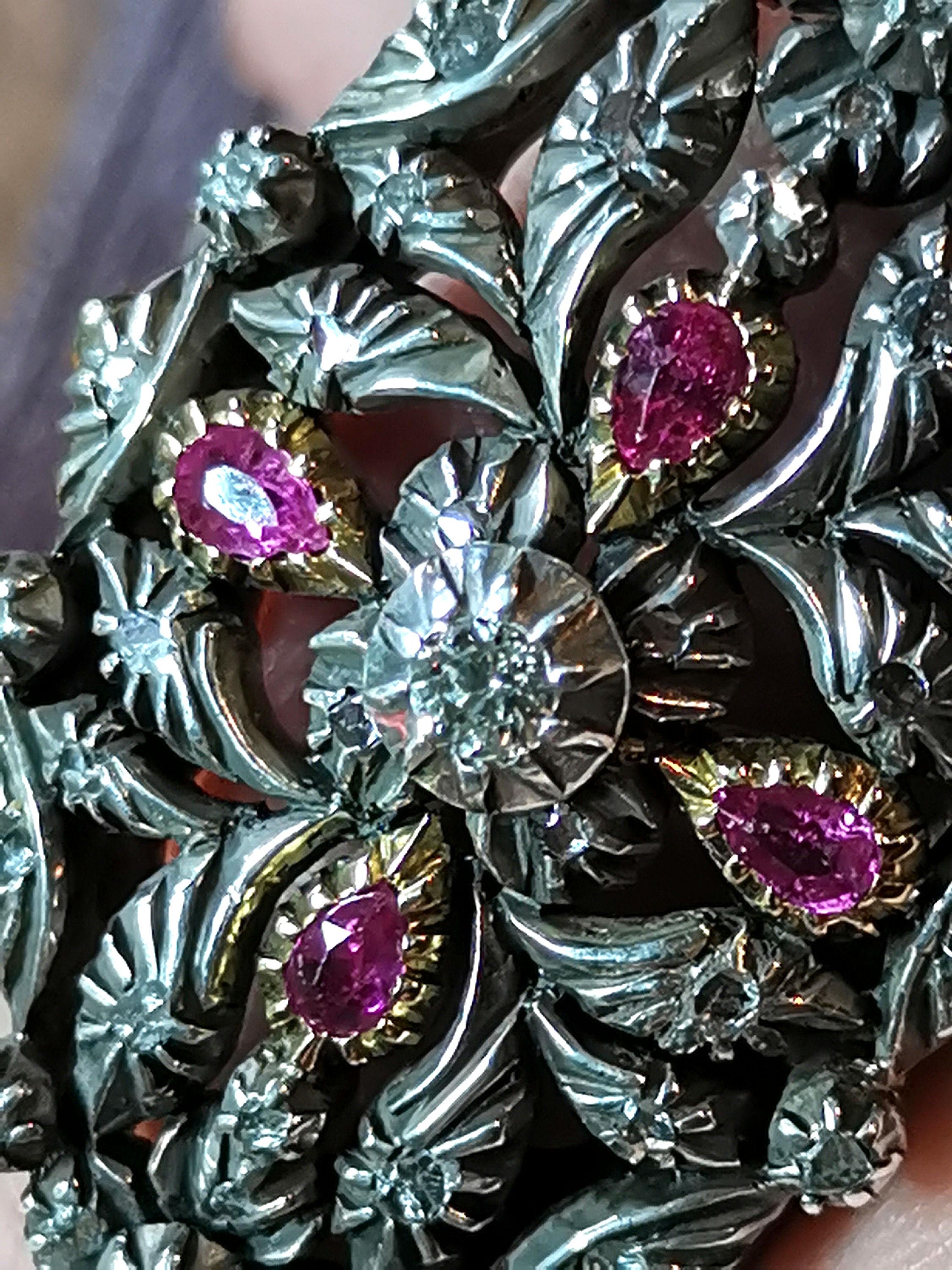 Floral Art Deco Diamond and Ruby gold ring