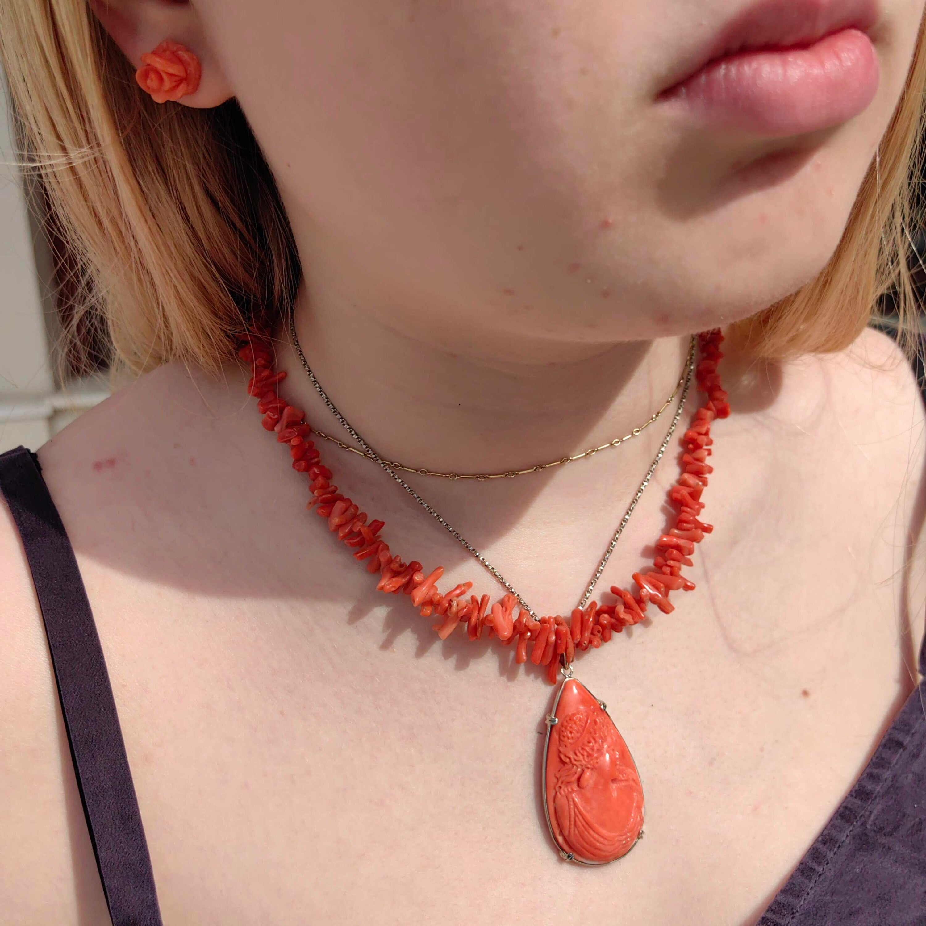 Art Deco Red Coral Cameo Pendant: 14k White Gold Carved Portrait