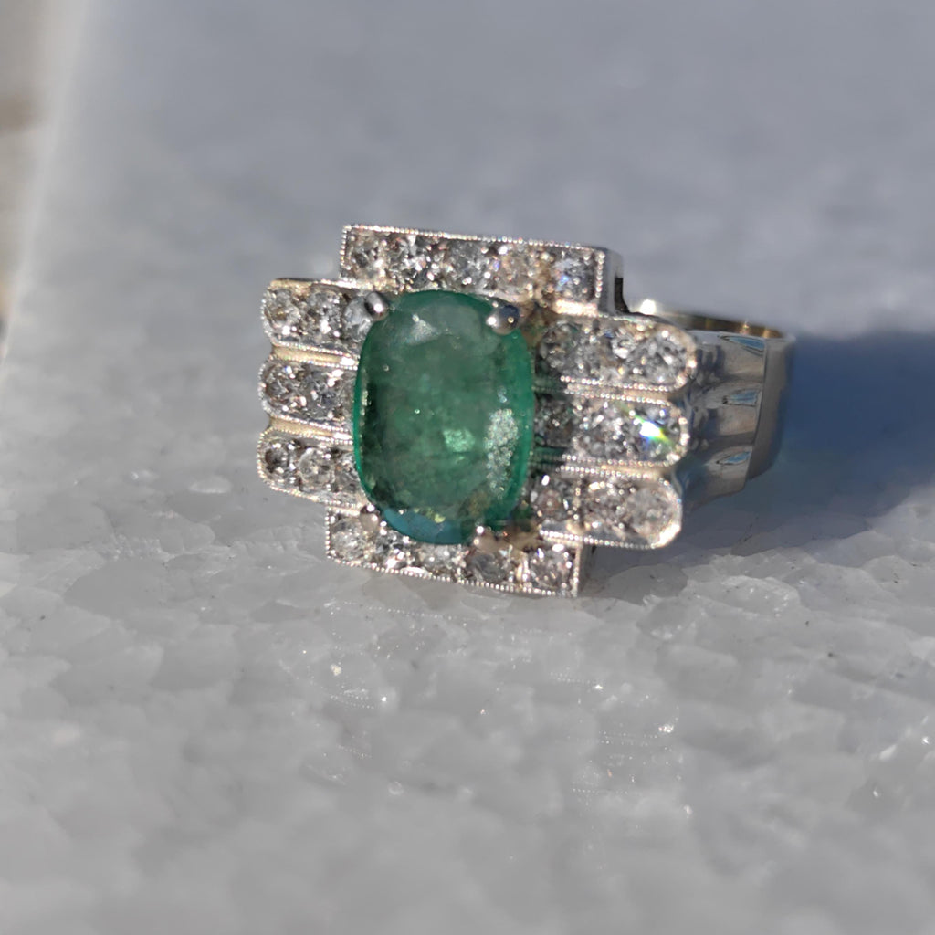 Colombian Emerald Diamond Ring  Solid White Gold Statement Art Deco 1920s Vintage Band Ring Gift for Her Large Chevalier Ring