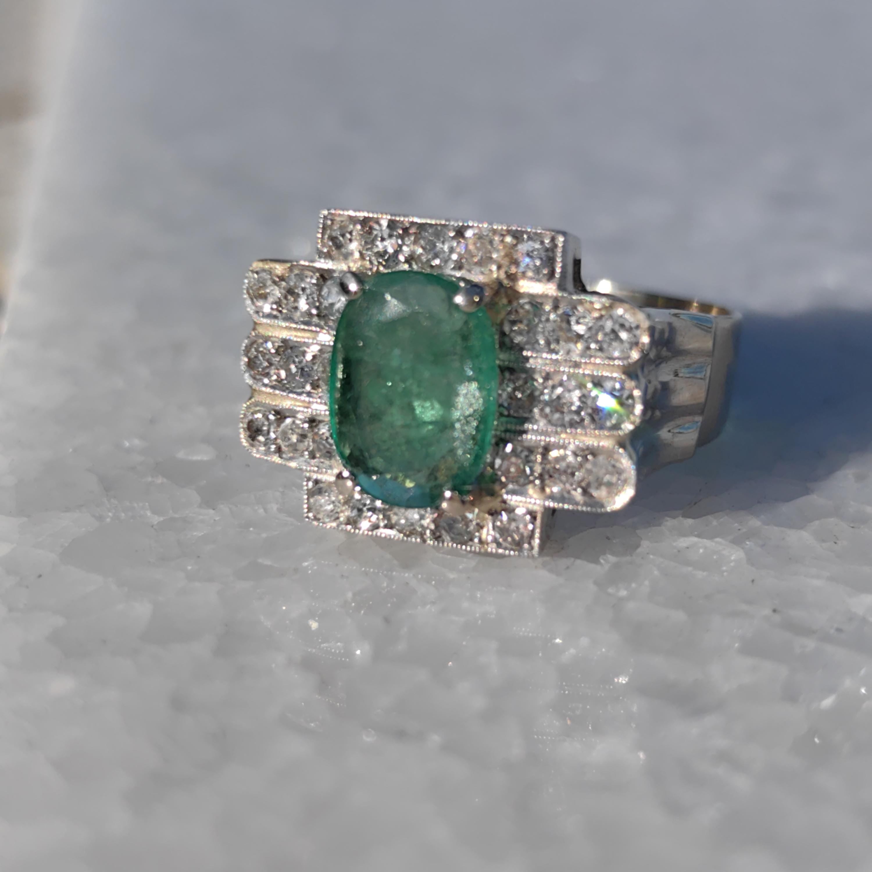 Colombian Emerald Diamond Ring  Solid White Gold Statement Art Deco 1920s Vintage Band Ring Gift for Her Large Chevalier Ring