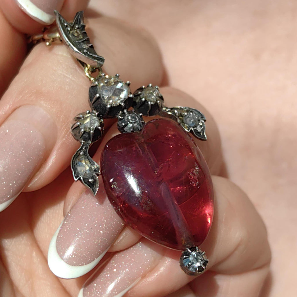 Victorian Red Rubellite Tourmaline Rose Diamond Heart Gothic Pendant 14k Solid Gold Silver Setting Charm Gift Present