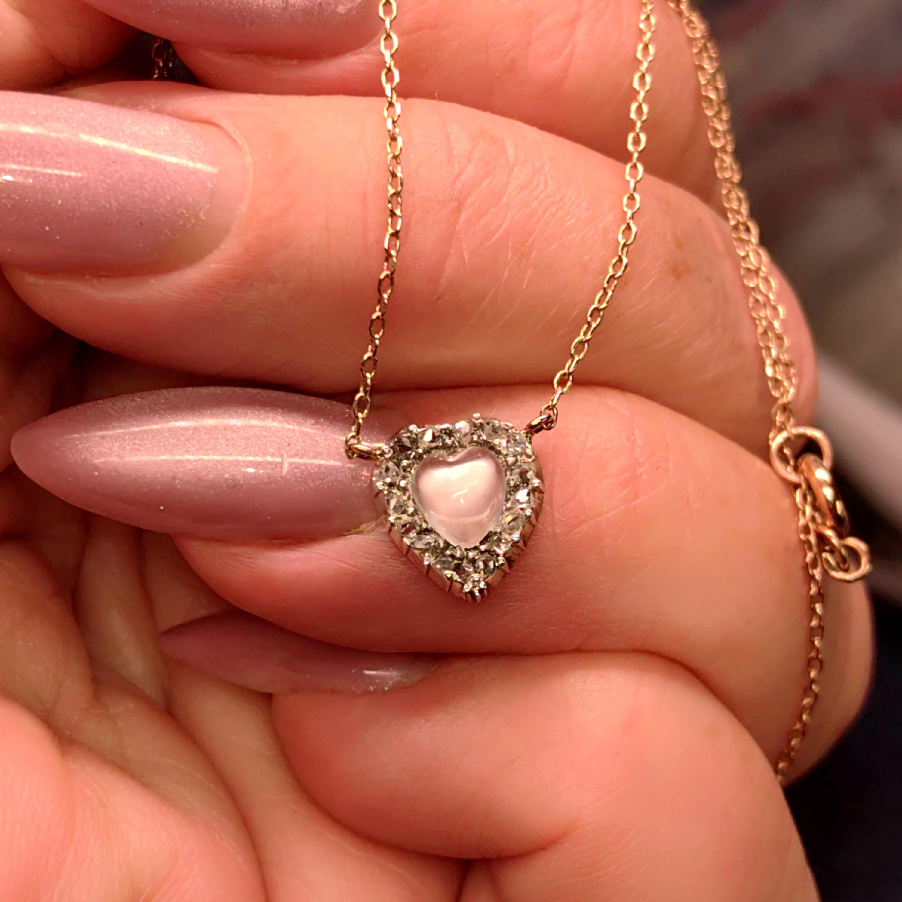 Victorian Diamond Moonstone Heart Pendant 14k Solid Yellow Gold with Chain Vintage Dainty wedding Elegant Love Jewelry Valentines Gift