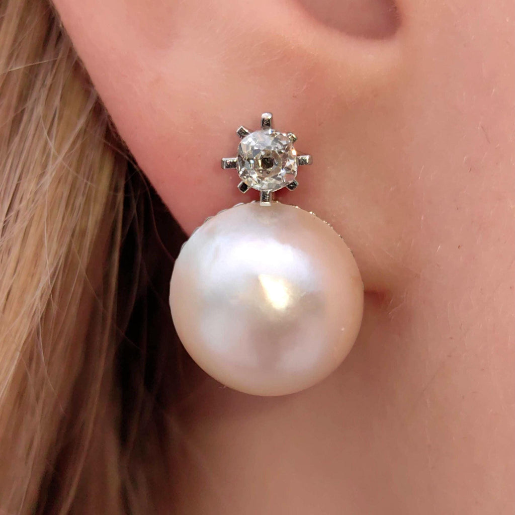 1930s Art Deco Maube Pearl Earrings: 0.74 ct Diamond, 18k White Gold