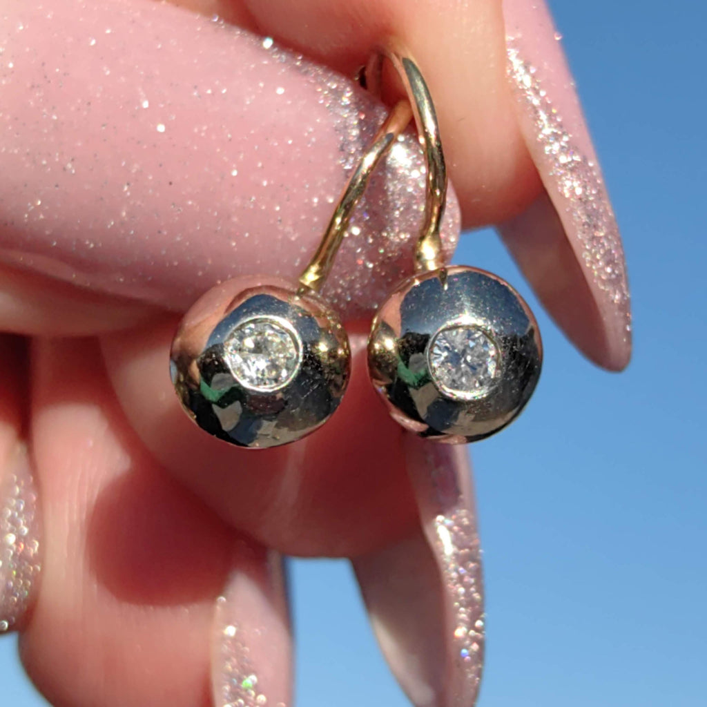 Diamond Hallmarked Gold Sleepers Art Nouveau Style Antique  Earrings "Buds"  Solid 14K Gold jewelry gift for her wedding classic earrings