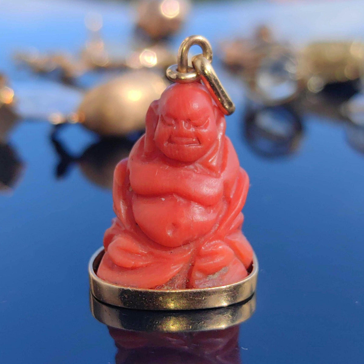 Vintage Coral Buddha Pendant: Antique Chinese 18k Gold Carving