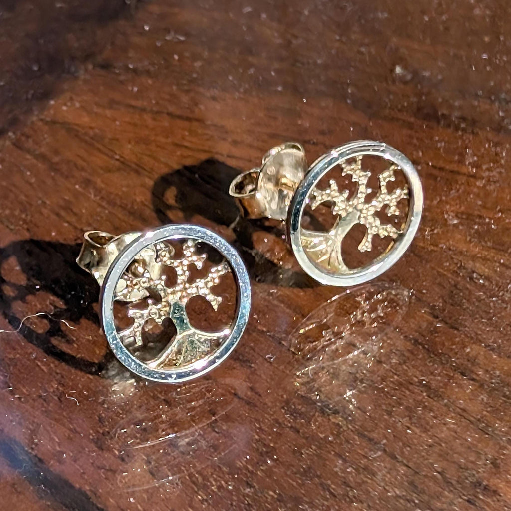 14k 585 Hallmarked Solid Yellow and White Gold Tree of Life Stud Earrings Nature Forest Minimalist Symbolic Push Back Elegant Gift for Her