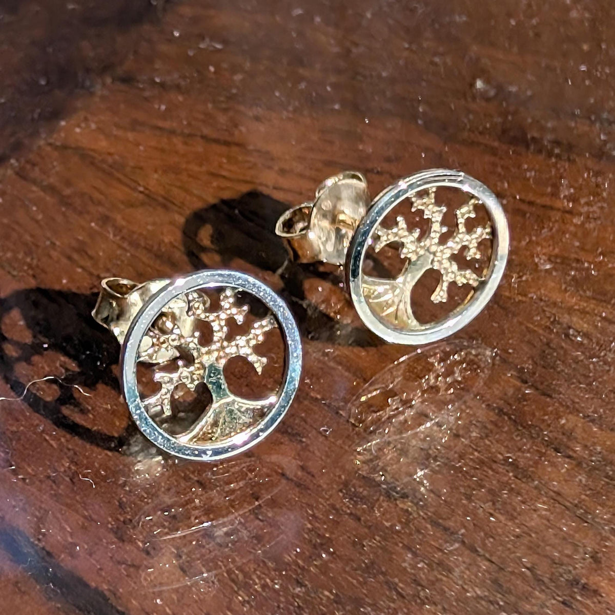 14k 585 Hallmarked Solid Yellow and White Gold Tree of Life Stud Earrings Nature Forest Minimalist Symbolic Push Back Elegant Gift for Her