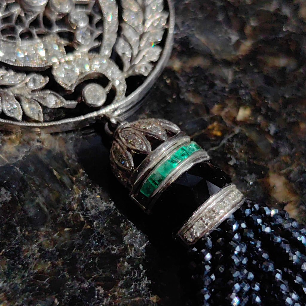 Art Deco Diamond Emerald Onyx Pendant Necklace: 14k Gold Pearl Chain