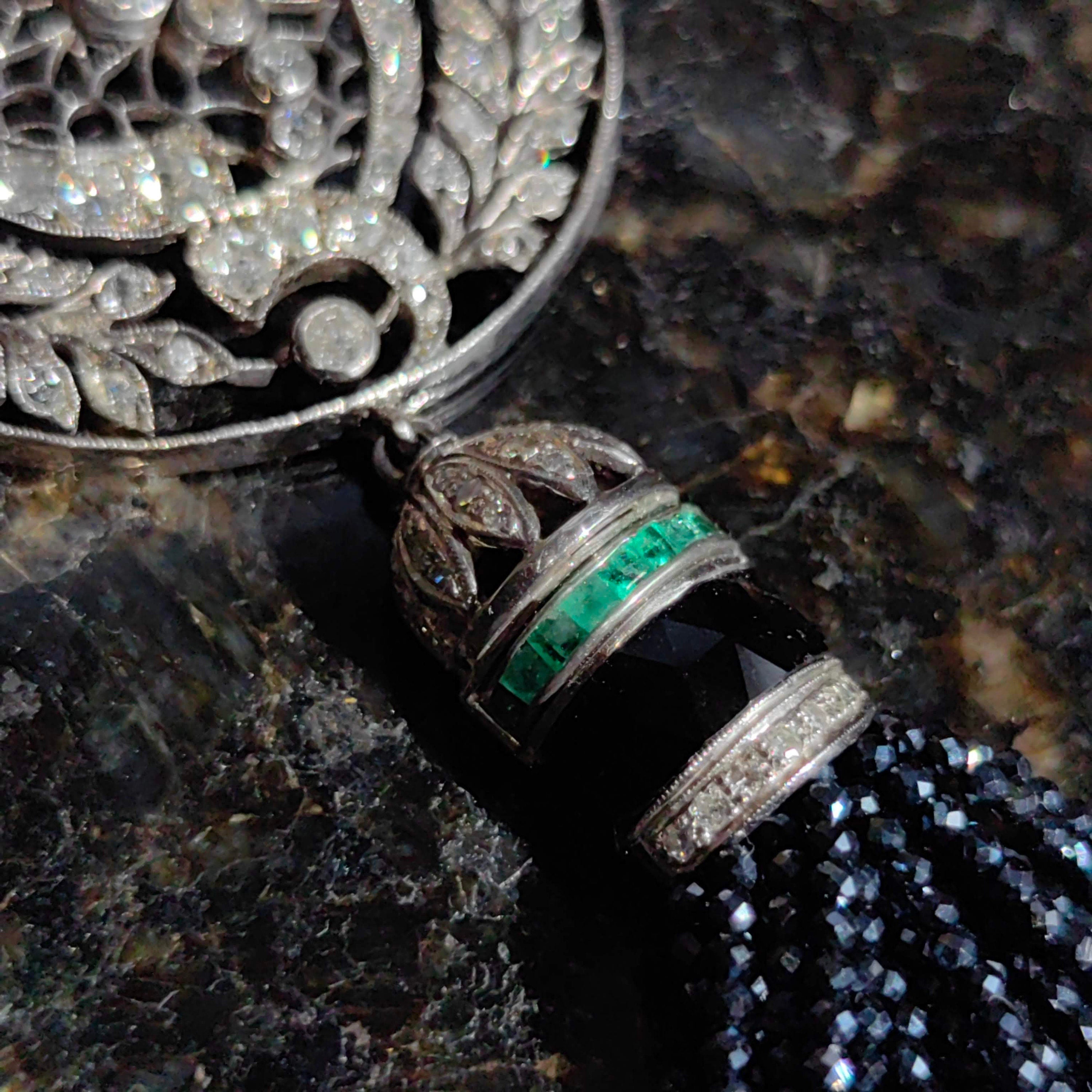 Art Deco Diamond Emerald Onyx Pendant Necklace: 14k Gold Pearl Chain