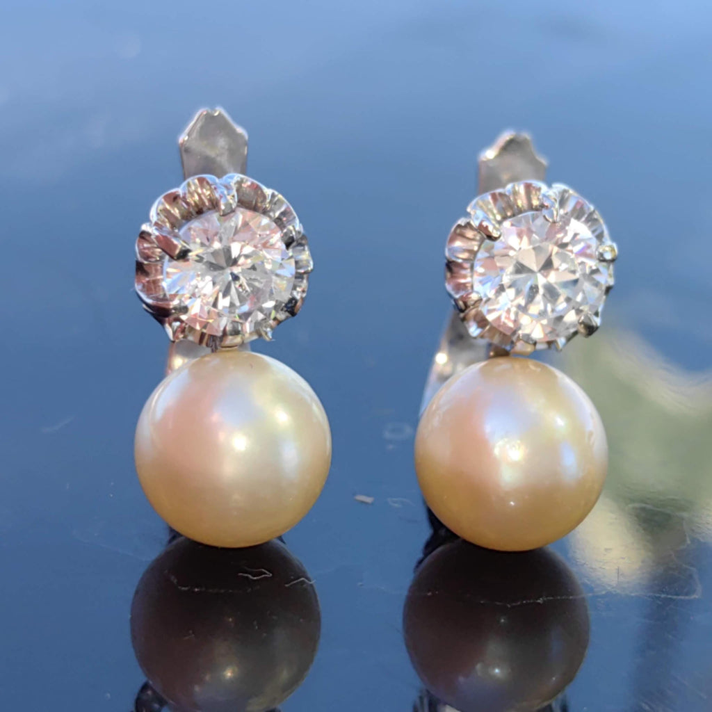 Art Deco Pearl Earrings: White Sapphire 18k White Gold, Handmade 1930s Style