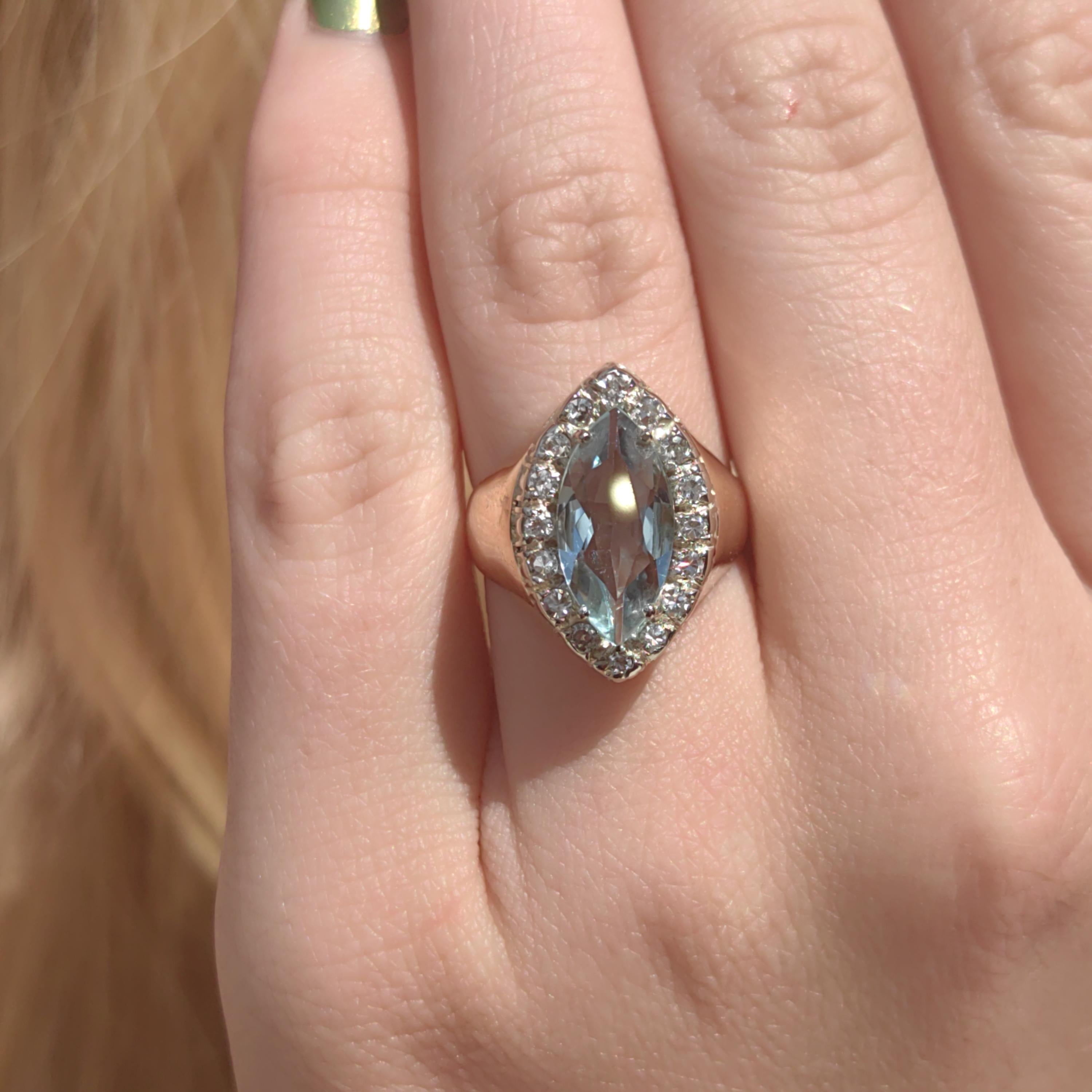 Vintage Art Deco Aquamarine Diamond Ring: 14k Yellow Gold Marquise Cut