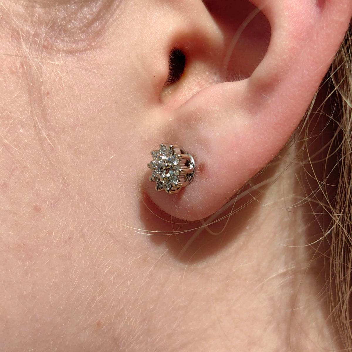 Antique Vintage 18k Solid Hallmarked White Gold 0.56 ct. Natural Diamond Floral Flower Stud Cluster Earrings Gift for Her Elegant Present
