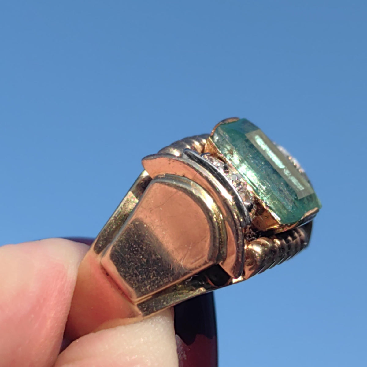 Art Deco 1930s Ring Antique  Genuine 2ct Emerald Diamond solid 18k Gold Vintage Statement Band Chevalier Unisex Estate 6,1gr 6.3/4 resize fr