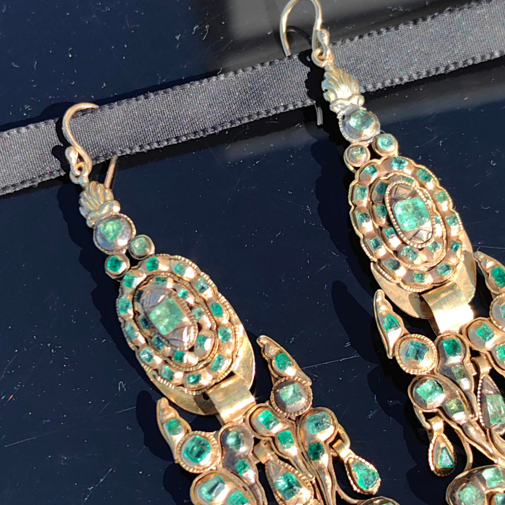 Antique Rococo Emerald Earrings: 18k Gold Baroque Dangle Earrings