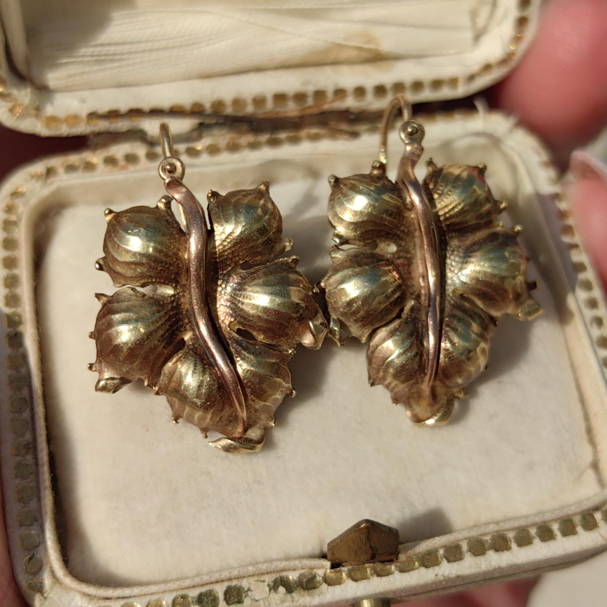 Antique 1870s Floral Leaf Earrings: 14k Yellow-Rose Gold Dormeuses