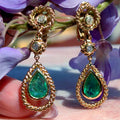 Antique Emerald Diamond 18k Gold Dangle Earrings: Mid Century French Dormeuses
