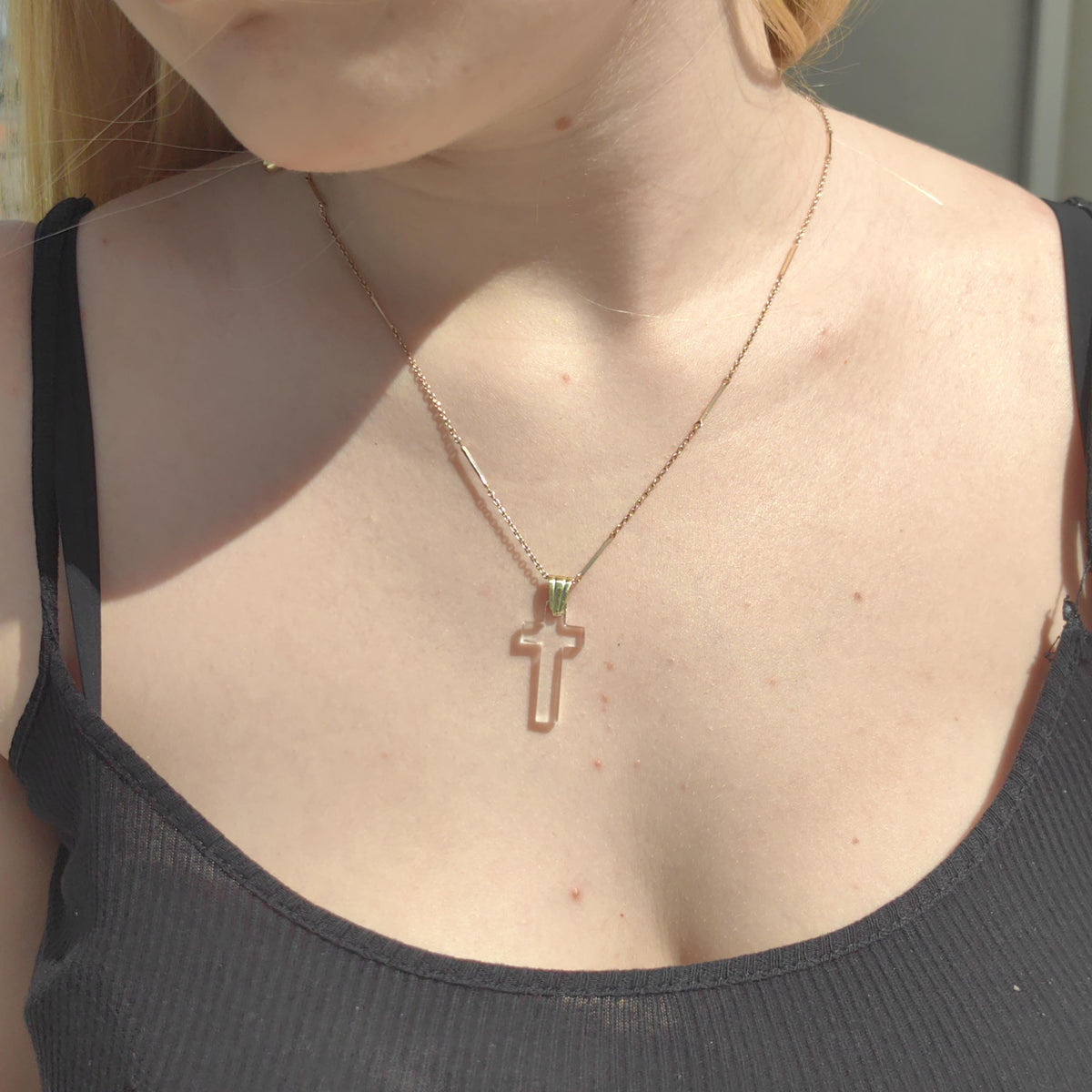 Vintage Solid 18k Yellow Gold Natural Rock Crystal Elegant Crucifix Pendant Christian Catholic Latin Cross Charm Gift
