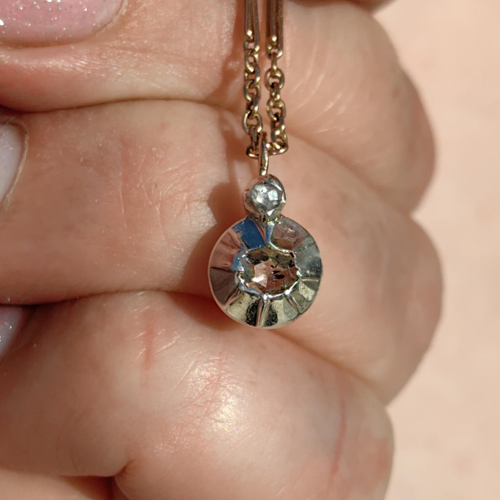 Victorian Rose Cut Diamond Pendant: 14k Yellow Gold & Silver Setting