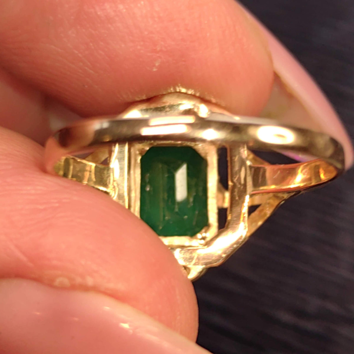 Art Nouveau 1900s Emerald Ring, Fine 14k Yellow Gold Antique Solitaire Ring, Natural Green Emerald Gift for Her, Size US 6.75 EU 54