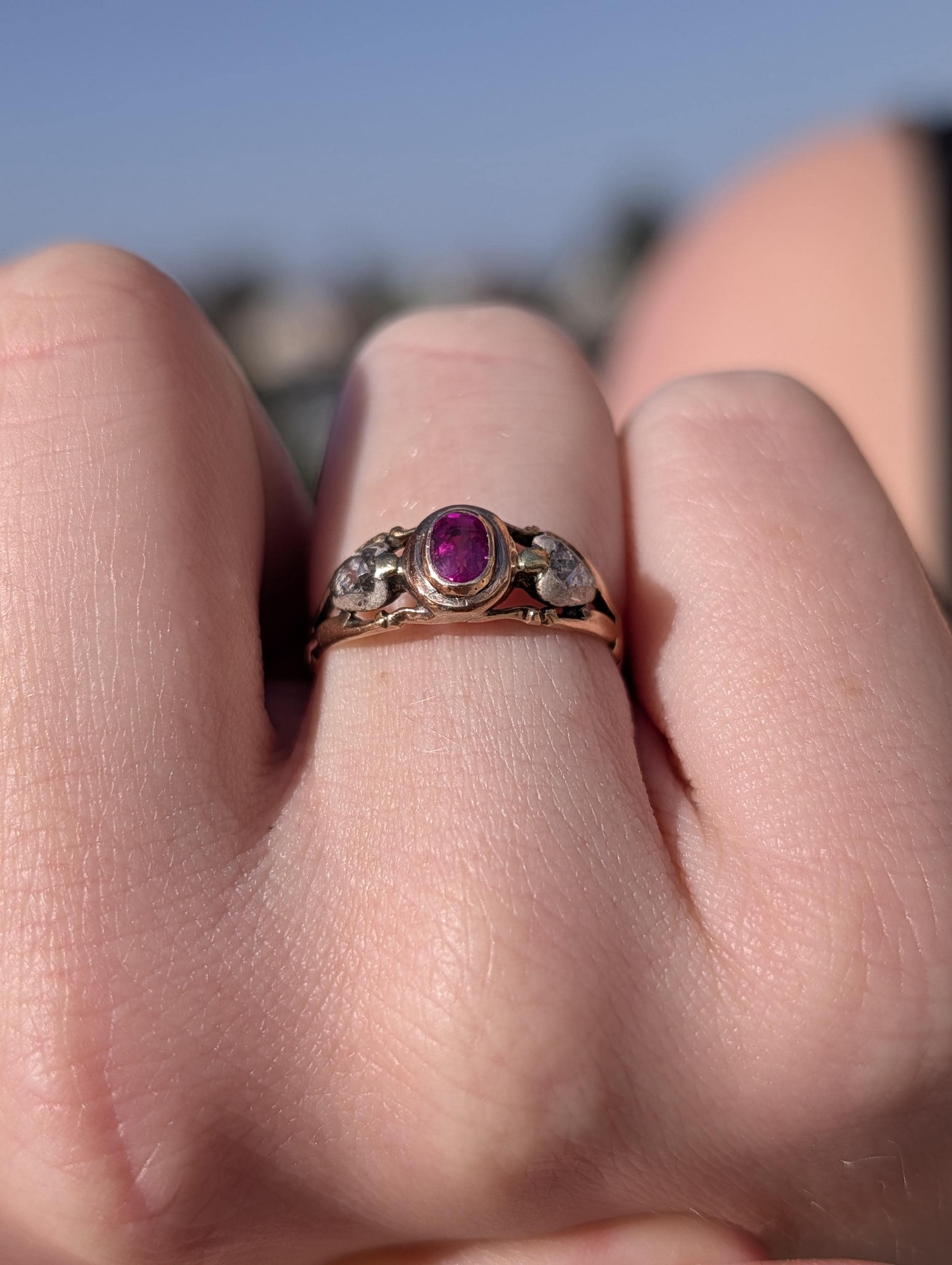 Victorian Ruby Rose Cut Diamond Ring 14k Yellow Rose Champagne Gold Silver, Antique 1890s Gypsy Alliance Band Engagement Gift for Her