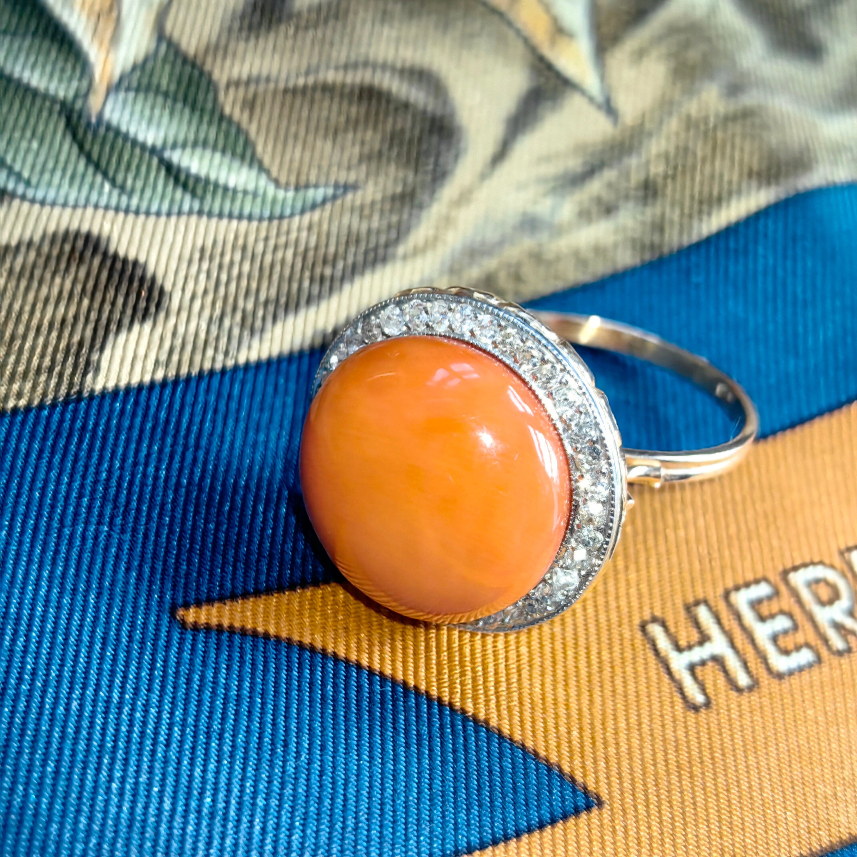 Art Deco Coral Diamond Ring: 1930s Platina Setting, 14k Gold