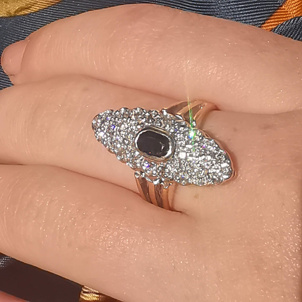 Sapphire and Diamond Marquise  14k Solid Gold Art Deco Antique Ring