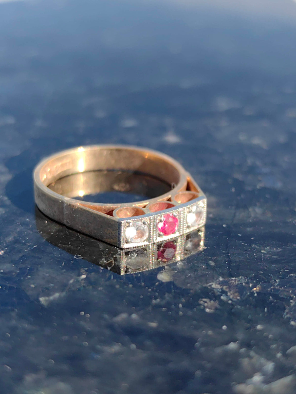 Art Deco 1920s Natural red Ruby, Old European Cut Diamon d 18K Solid Yellow Gold Hallmarked Ring, Antique Vintage Retro Band, UD size 6.5