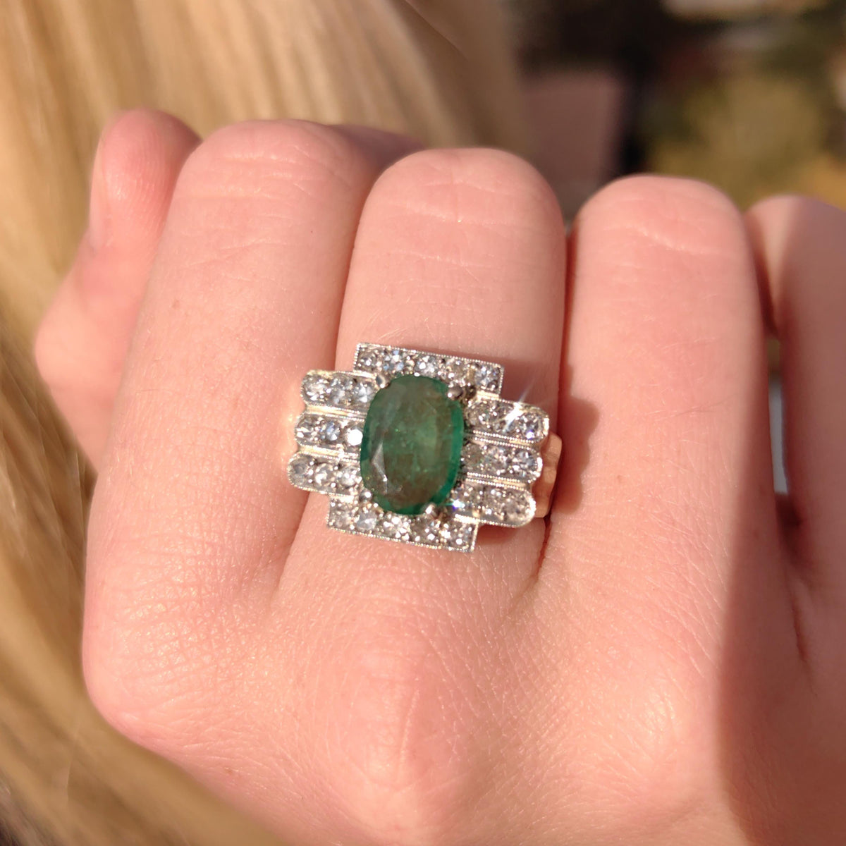 Colombian Emerald Diamond Ring  Solid White Gold Statement Art Deco 1920s Vintage Band Ring Gift for Her Large Chevalier Ring