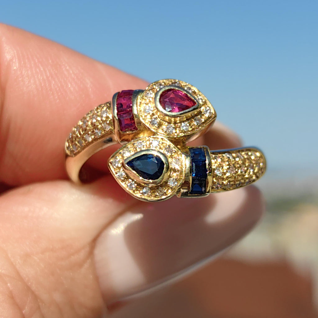 Vintage 18k Gold Snake Ring: Ruby, Sapphire & Diamond Accent