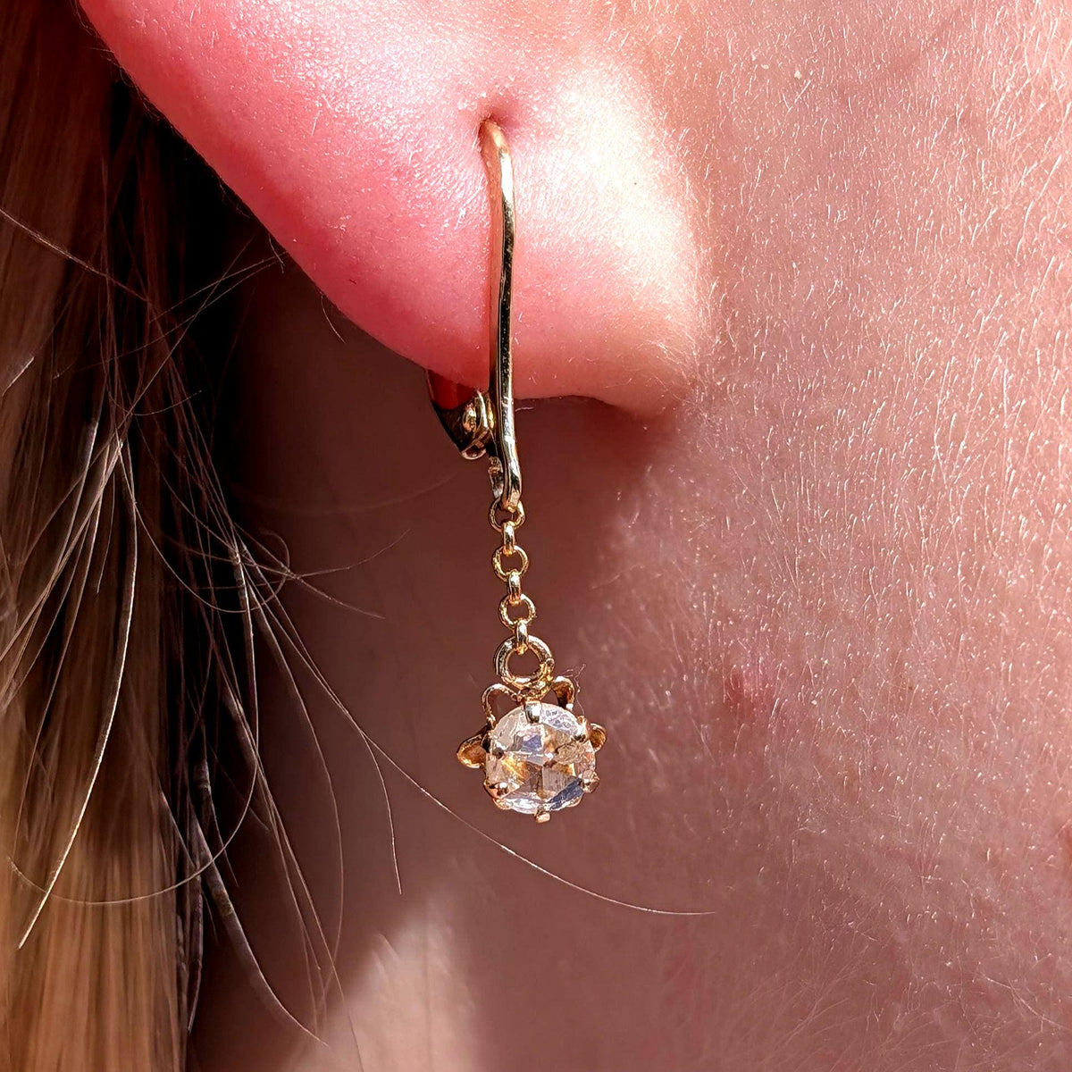 1950s Holland Rose Cut Diamond Dangle Earrings 14k 585 Yellow Gold, Vintage Lever Back Drop Statement Gift for Her