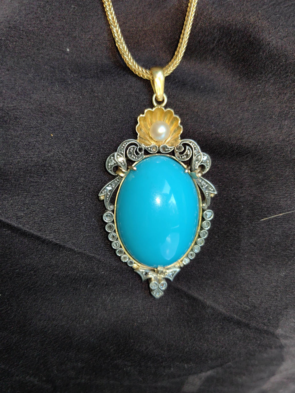 1930s Art Deco Turquoise Pendant: 18k Yellow Gold Diamond Pearl Necklace