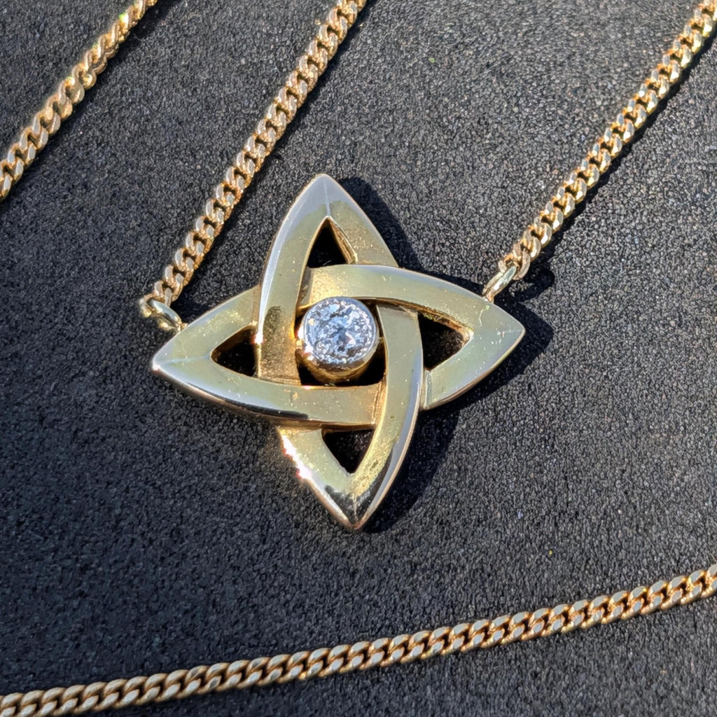 Floral Star Shape Diamond Pendant Necklace, Solid Hallmarked 18k Gold, 0.07 ct Diamond, 54.5 cm Chain Fine Jewelry Gift Necklace